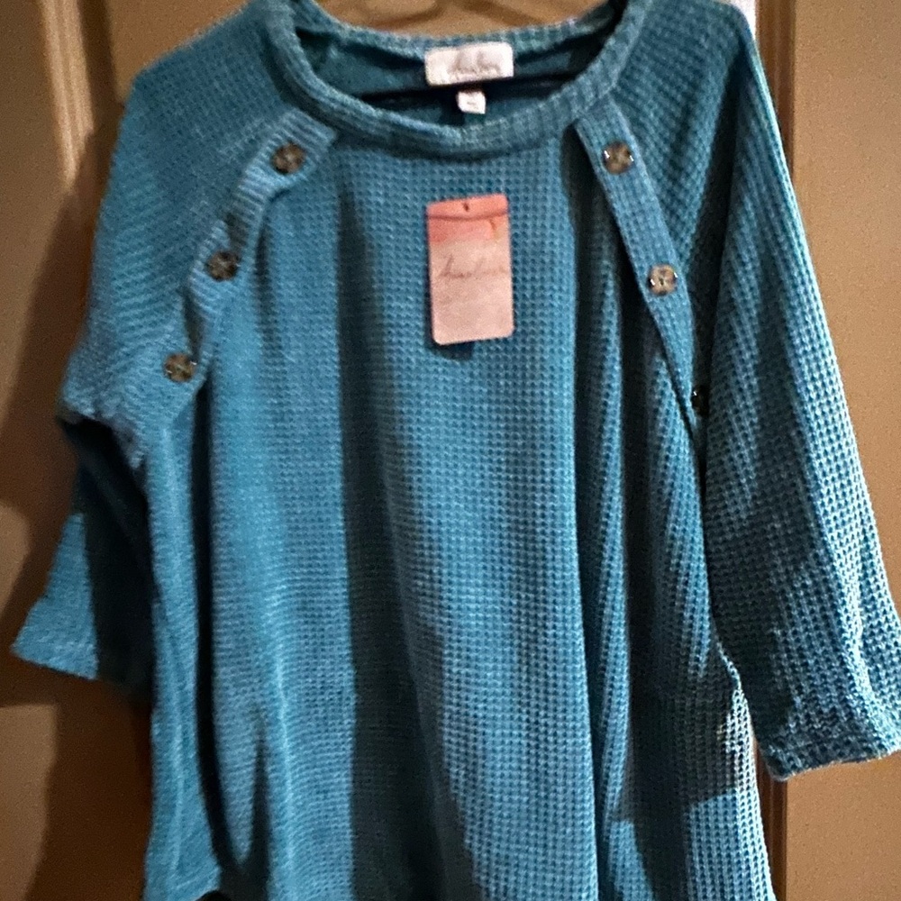 Anneliese Women's XL Teal Button-Accent Waffle Knit Top